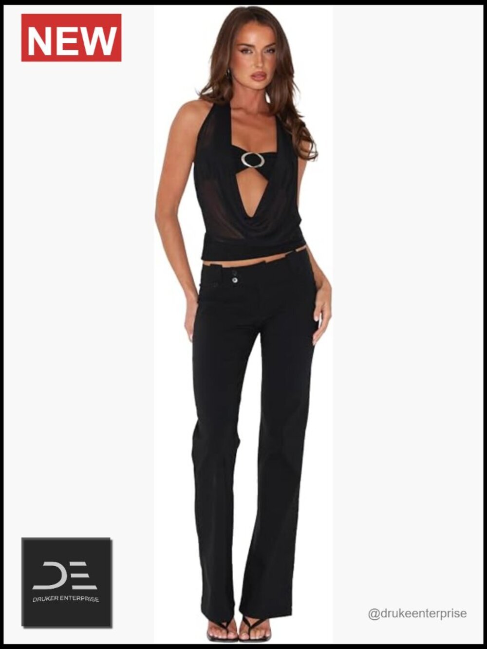 Sheer Mesh Halter Top with Plunging Cowl Neck & Silver Ring Detail